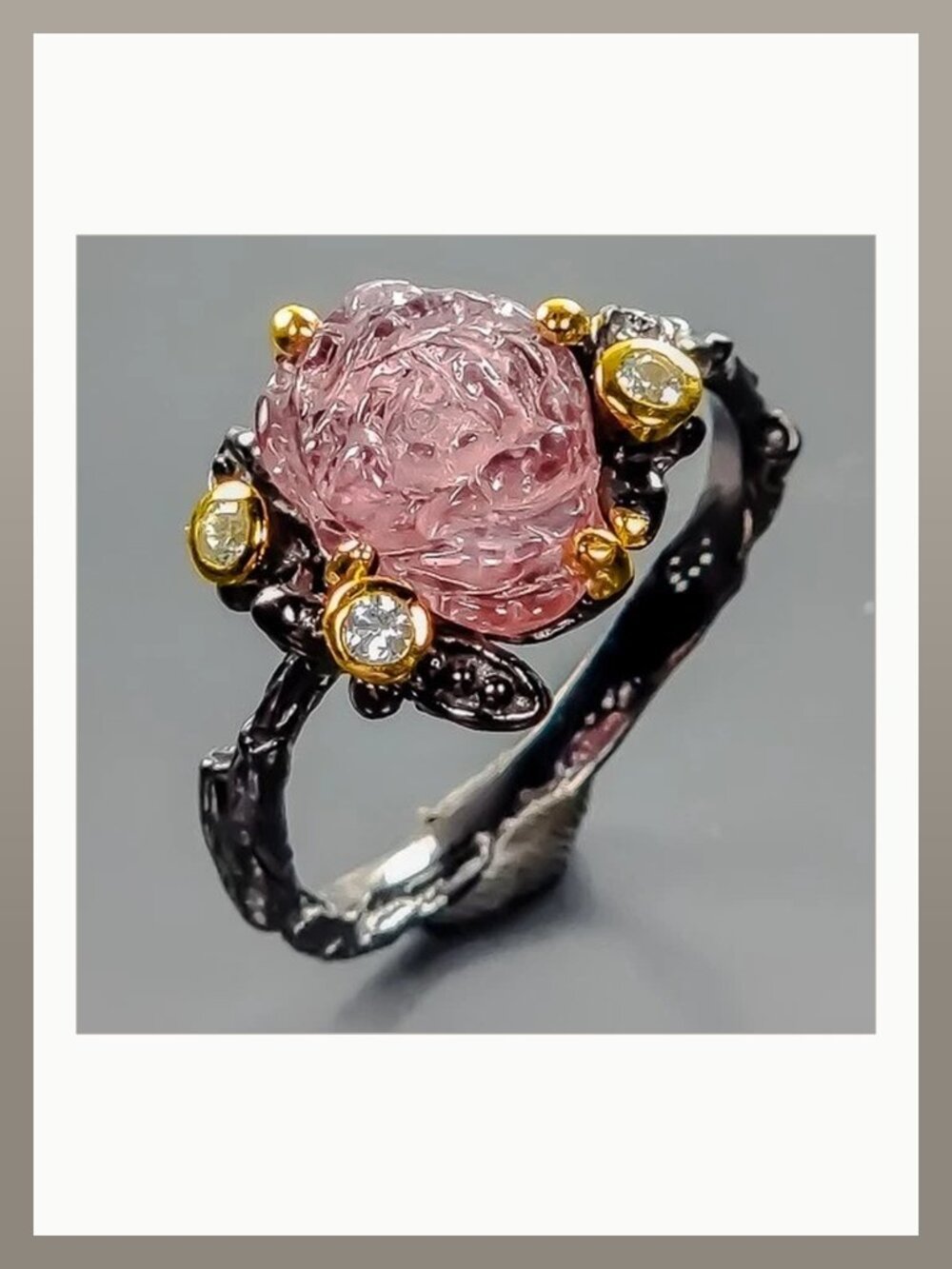 RING 4+CT Rubellite Tourmaline Carved with Topaz Accents 925 Size 8.5